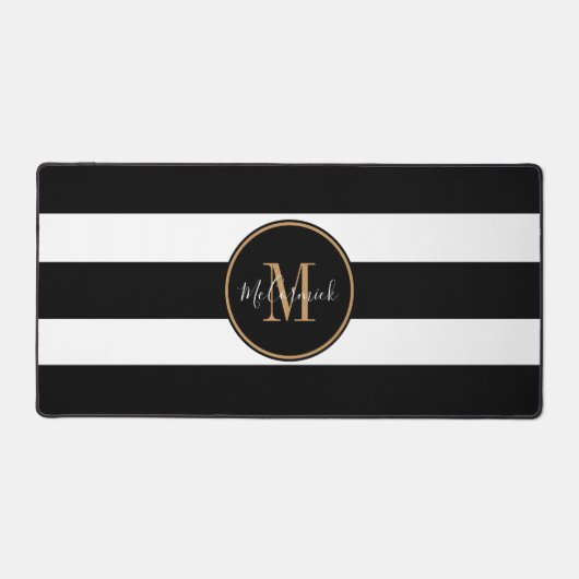 Modern Black White Stripes Gold Monogram naam Bureaumat (Voorkant)