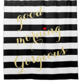 Modern Black White Stripes Good Morning Prachtige Douchegordijn (Voorkant)