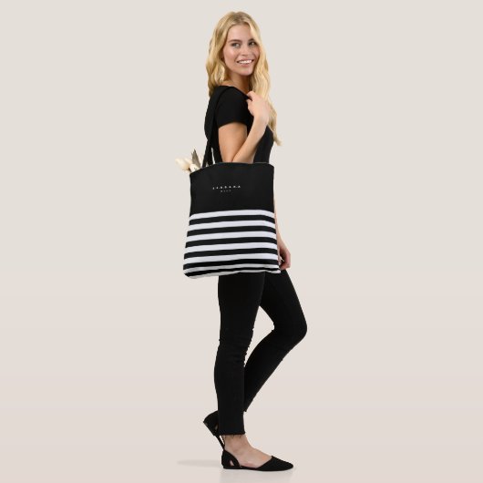 Modern Black White Stripes Monogram Summer Tote Bag (Op model)