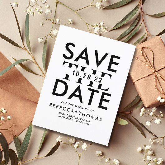 Modern Black White Typografie Save the Date Invita Briefkaart