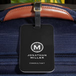 Modern Black White Typographic Monogram Bagagelabel<br><div class="desc">Een professioneel verticaal ontwerp in moderne stijl met een zwart-wit monogram met een groot klassiek bloktypografisch initiaal monogram met naam en titel hieronder. De tekst kan gemakkelijk worden aangepast gebruikend de verstrekte gebieden.</div>