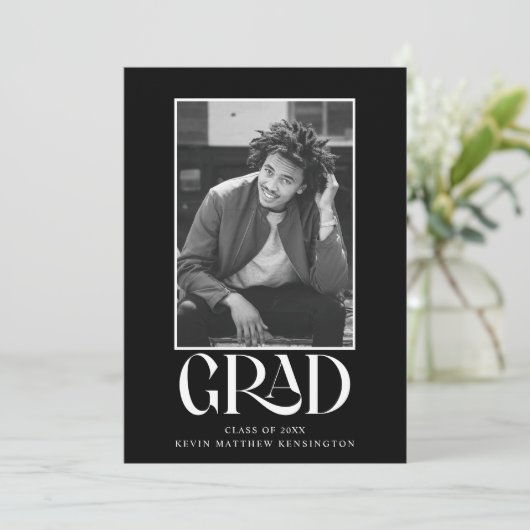 Modern Black White Typography Afstuderen Foto Aankondiging (Staand voorkant)