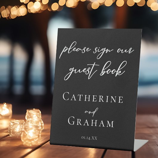 Modern Black White Typography Wedding Guest Book Reclamebord Met Voetstuk