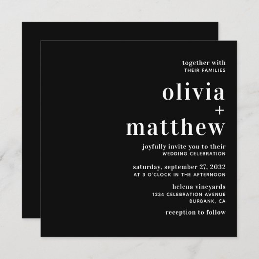 Modern Black White Typography Wedding Invitation Kaart (Voorkant / Achterkant)