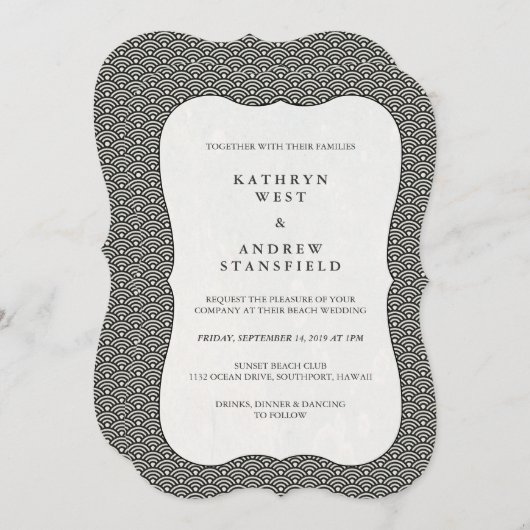 Modern Black+White Wave Pattern Weddenschap Kaart (Voorkant / Achterkant)