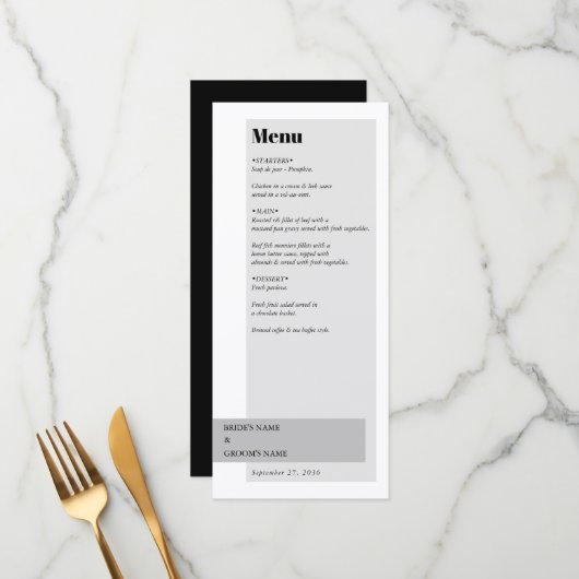 Modern Black & White Wedding Menu (Voorkant / Achterkant in situ)