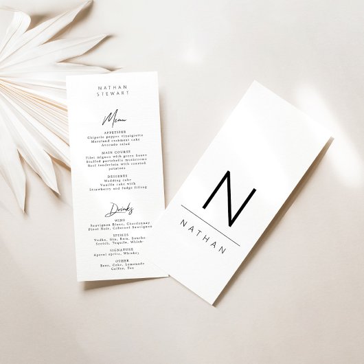 Modern Black White Wedding Menu & Guest Place Card Kaart