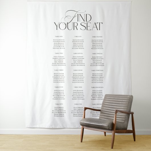 Modern Black White Wedding Seating Chart Backdrop Wandkleed (In situ)