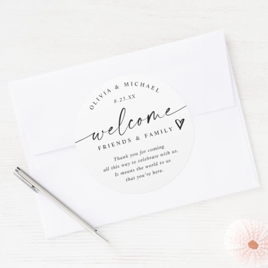 Modern Black & White Wedding Welcome Hotel Bag Ronde Sticker (Envelop)