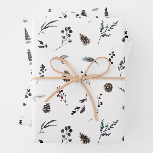 Modern Black Winter Pinecone Waterverf Inpakpapier Vel (In situ)