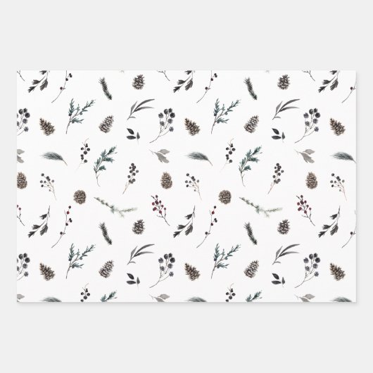 Modern Black Winter Pinecone Waterverf Inpakpapier Vel (Voorkant)