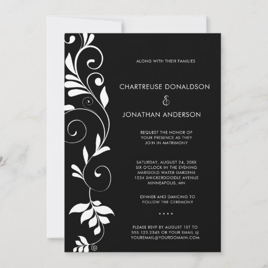 Modern Black with White Botanical Vines Wedding | Aankondiging (Voorkant)