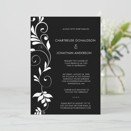 Modern Black with White Botanical Vines Wedding | Aankondiging (Staand voorkant)