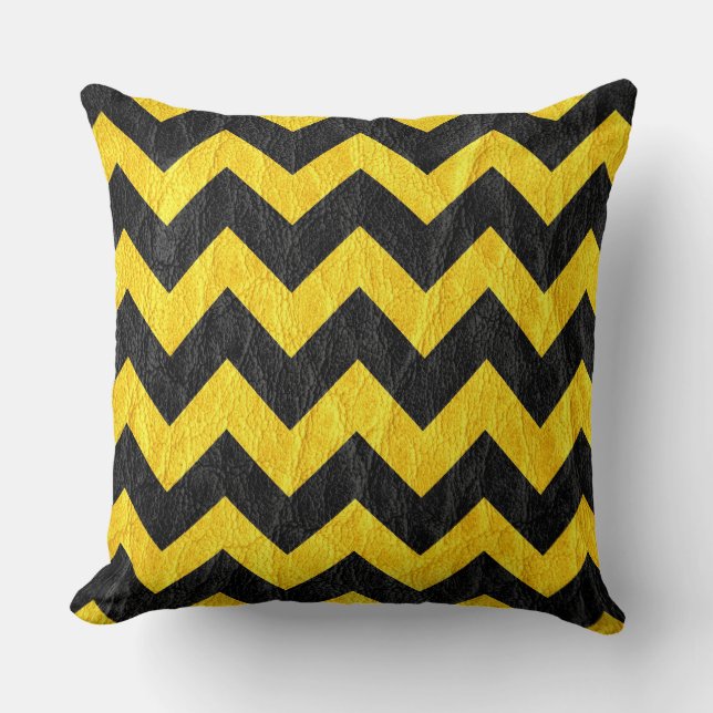 Modern Black Yellow Chevron Leather Kussen (Voorkant)