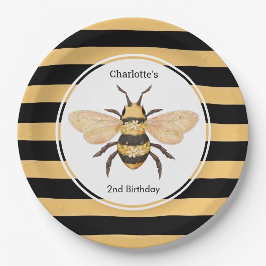Modern Black Yellow Stripes Bee Birthday Party Papieren Bordje (Voorkant)
