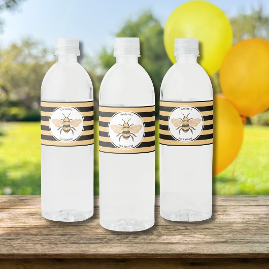 Modern Black Yellow Stripes Bee Birthday Party Waterfles Etiket