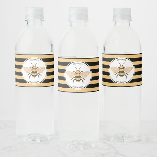 Modern Black Yellow Stripes Bee Birthday Party Waterfles Etiket (Flessen)