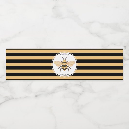 Modern Black Yellow Stripes Bee Birthday Party Waterfles Etiket (Enkel label)