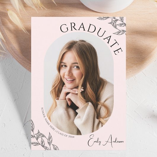 Modern Blad Blush Roze 2 Foto Graduation Party Kaart