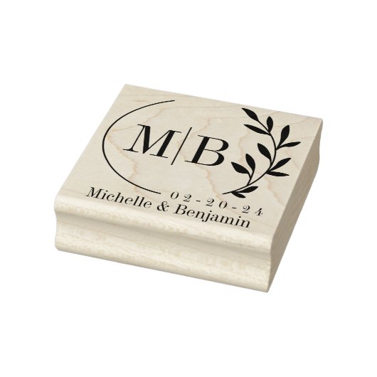 Modern blad Monogram met datum en naam Rubberstempel (Stempel)