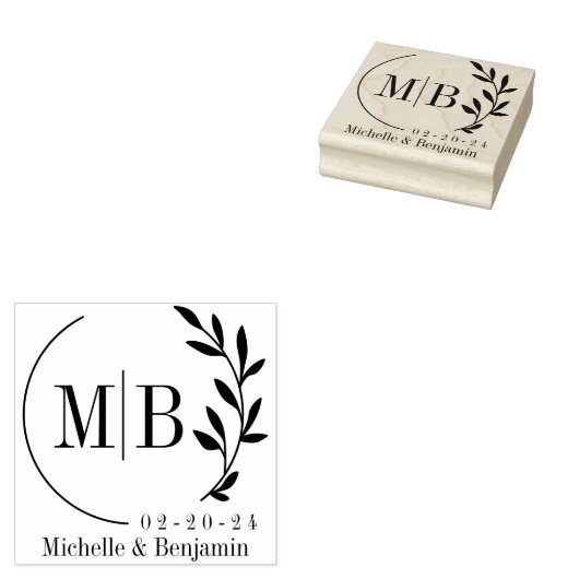 Modern blad Monogram met datum en naam Rubberstempel (Gestempeld)