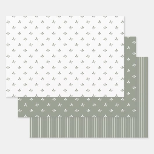Modern Bladpatroon en Pinstripes Dusky Green | Inpakpapier Vel (Set)