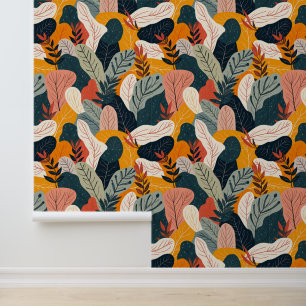 Modern bladpatroon in terracotta en Blauwgroen Behang