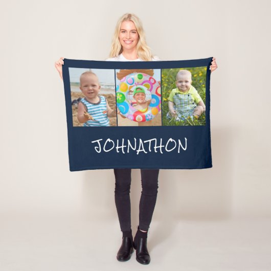 Modern Blauw 3 Fotocollage Naam Fleece Deken (In situ)