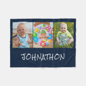 Modern Blauw 3 Fotocollage Naam Fleece Deken (Voorkant (Horizontaal))