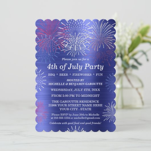 Modern Blauw 4 juli Vuurwerk BBQ Uitnodiging (Staand voorkant)