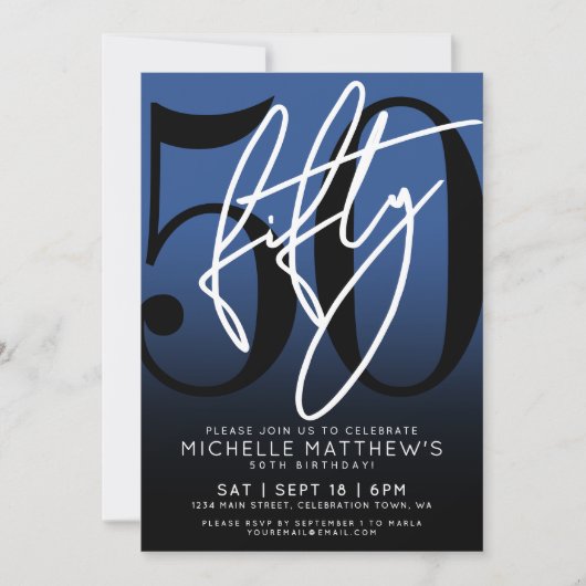 Modern Blauw 50ste verjaardag Uitnodiging (Voorkant)