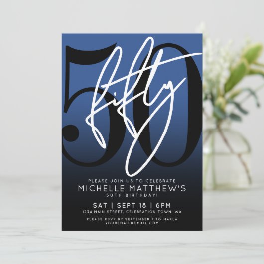 Modern Blauw 50ste verjaardag Uitnodiging (Staand voorkant)