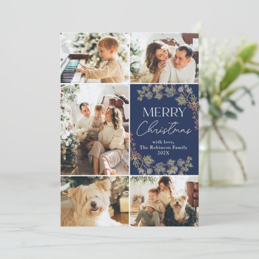Modern Blauw 5 Fotocollage Merry Christmas Kaart (Staand voorkant)