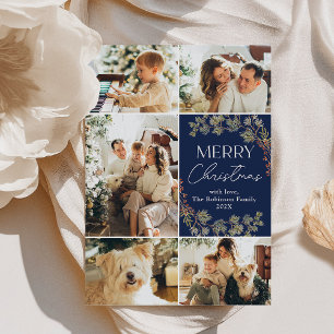 Modern Blauw 5 Fotocollage Merry Christmas Kaart