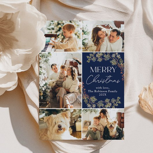 Modern Blauw 5 Fotocollage Merry Christmas Kaart