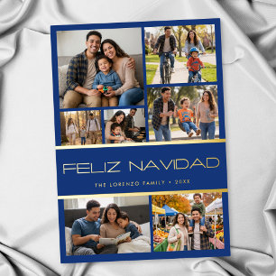 Modern Blauw 7 Foto Collage Feliz Navidad Feestdagenkaart