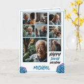 Modern Blauw 8 Fotocollage 100e verjaardag Kaart (Gele Bloem)