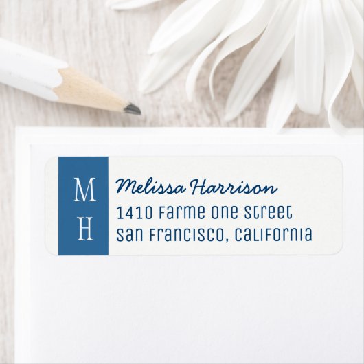 modern blauw adresetiket met scriptnaam etiket (Insitu)