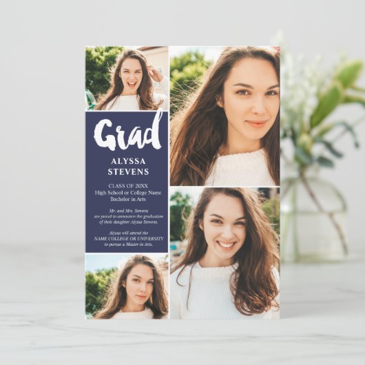 Modern blauw Afstudeerder script 4 foto's afstuder Kaart (Staand voorkant)