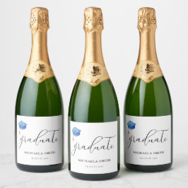 Modern blauw afstudeerkapscript Afstuderen Sparkling Wijnetiket