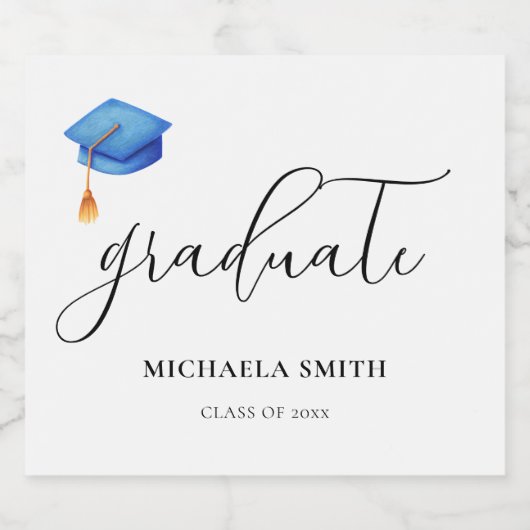 Modern blauw afstudeerkapscript Afstuderen Sparkling Wijnetiket (Enkel label)