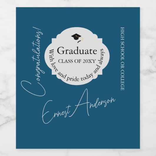 Modern blauw Afstuderen Gefeliciteerd Afstuderen Wijn Etiket (Enkel label)
