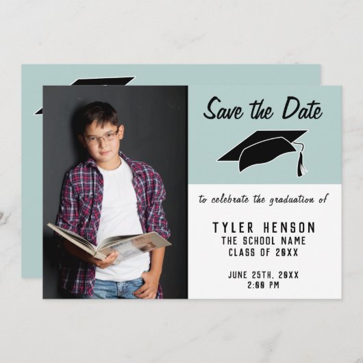 Modern blauw Afstuderen slaat de datum foto op Aankondiging (Voorkant / Achterkant)