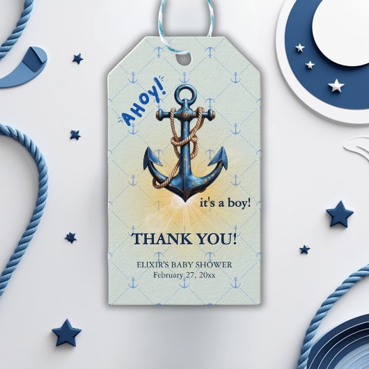 Modern blauw Ahoy! Nautisch Baby shower voor anker Cadeaulabel