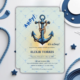 Modern blauw Ahoy! Nautisch Baby shower voor anker Kaart