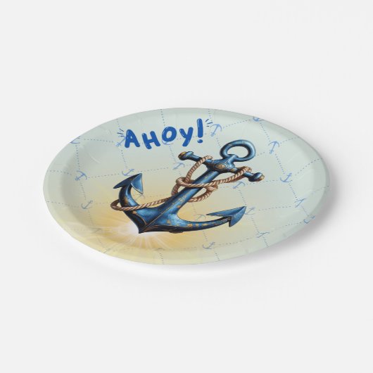 Modern blauw Ahoy! Nautisch Baby shower voor anker Papieren Bordje (Gekanteld)