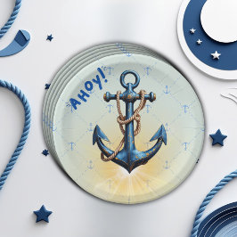 Modern blauw Ahoy! Nautisch Baby shower voor anker Papieren Bordje