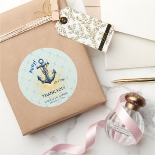 Modern blauw Ahoy! Nautisch Baby shower voor anker Ronde Sticker