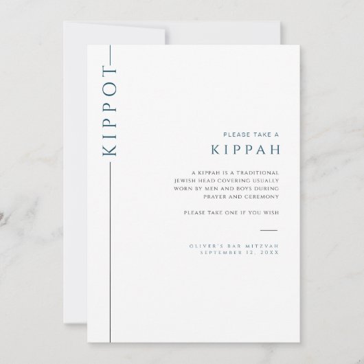 Modern Blauw Bar Mitzvah Kippot Tafelblad Teken Kaart (Voorkant)