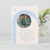 Modern Blauw Beige Boho Arch Foto Cross Doop Kaart (Staand voorkant)